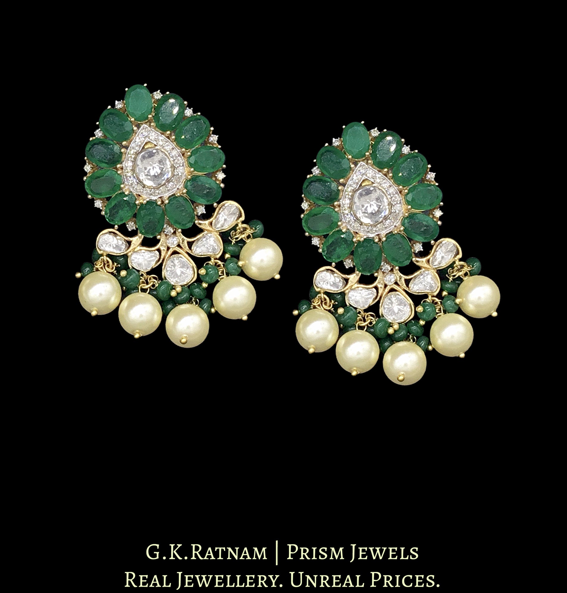 14k Gold and Diamond Polki fancy Open Setting Karanphool Earring Pair with emerald-grade green onyx