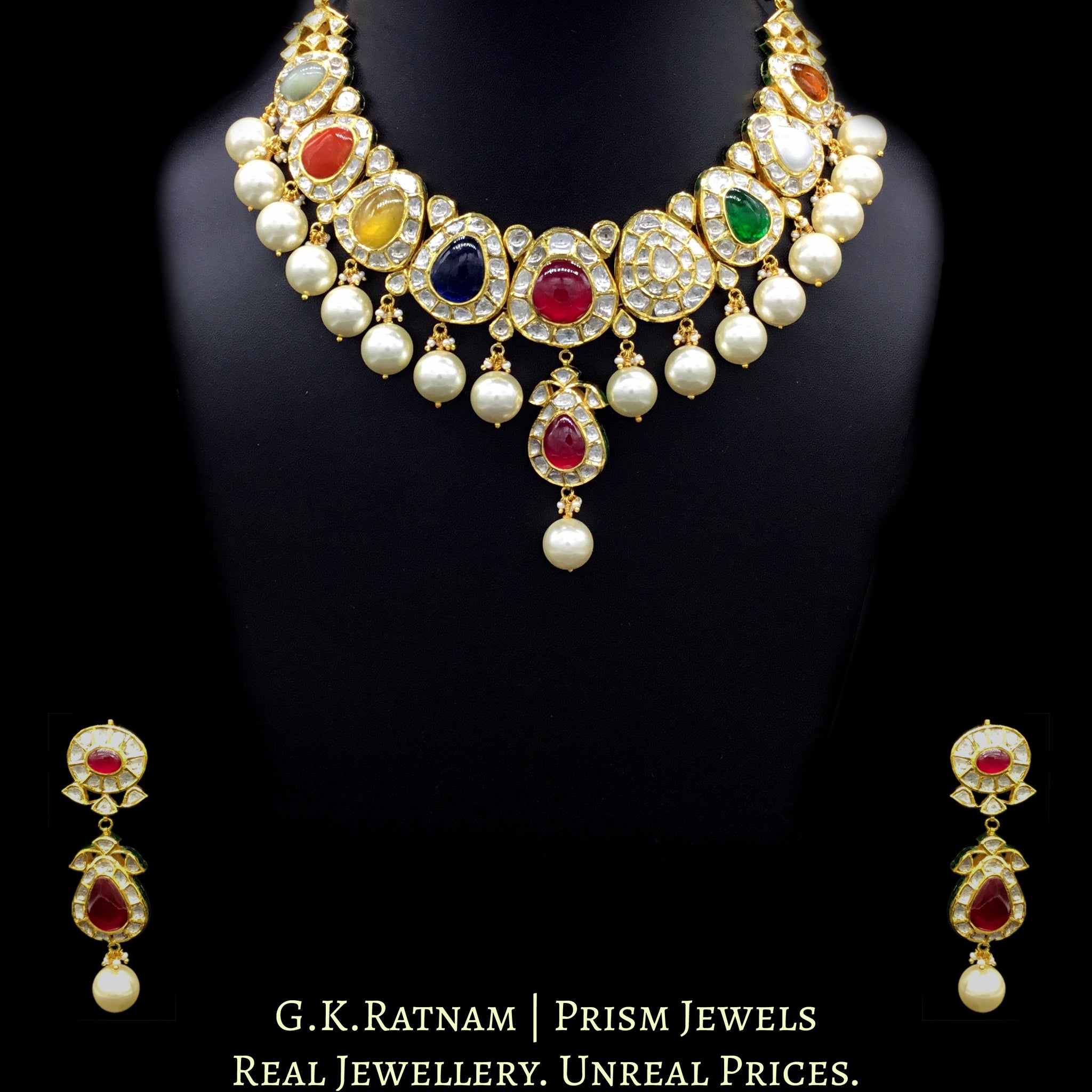 18k Gold and Diamond Polki Navratna Necklace Set with pear-shaped tikdas - G. K. Ratnam