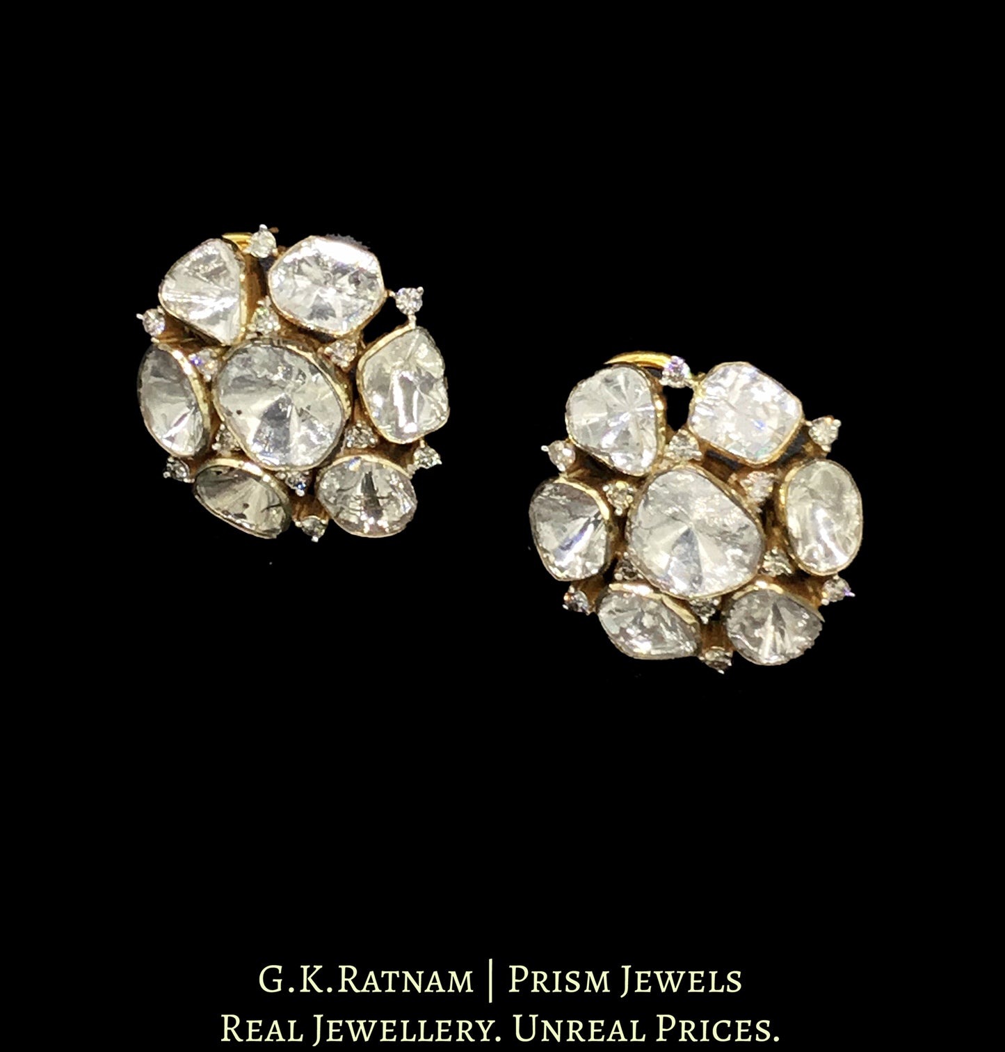 14k Gold and Diamond Polki Open Setting Tops / Studs Earring Pair with Cut Diamonds interspersed in Uncuts