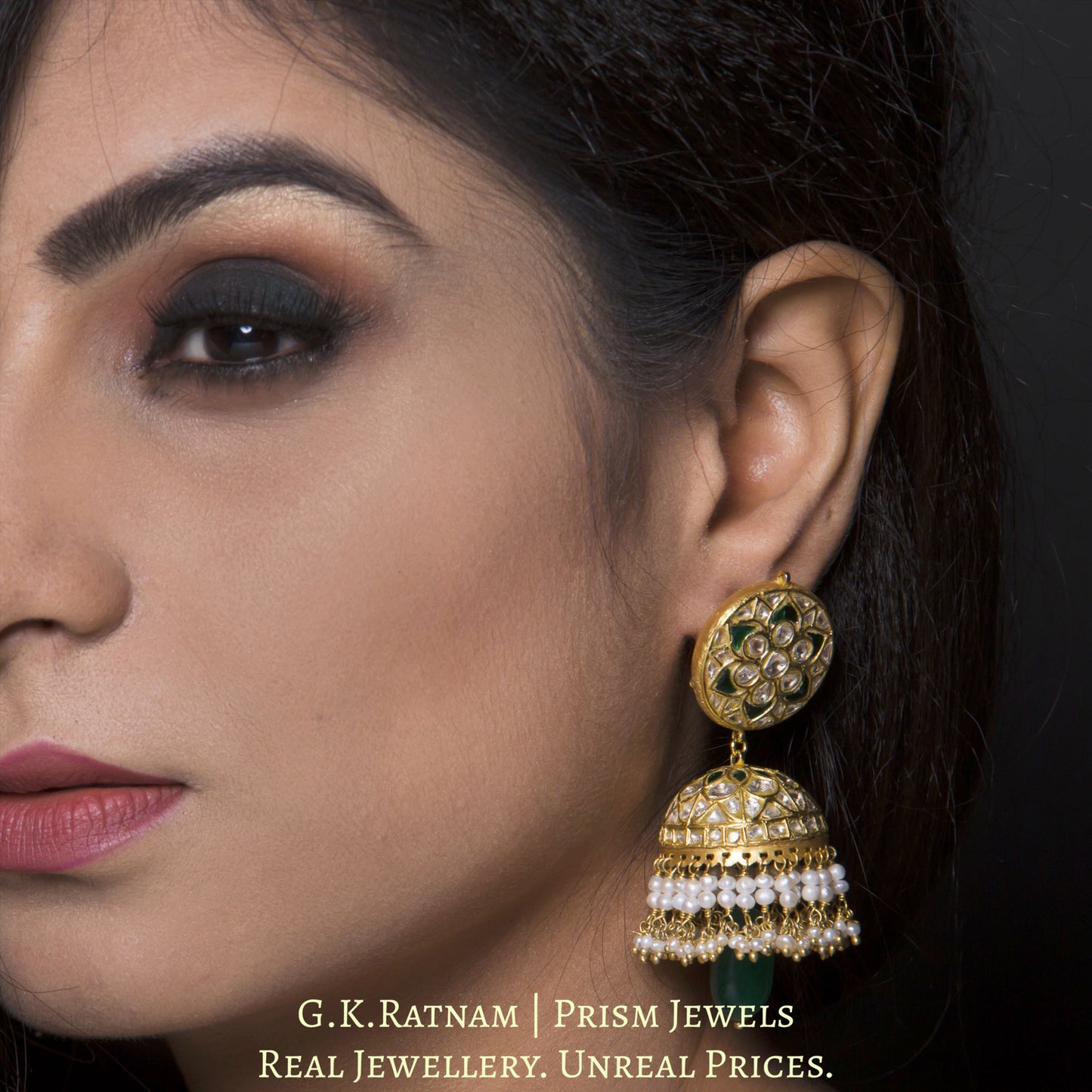 23k Gold and Diamond Polki green Jhumki Earring Pair with natural freshwater pearls