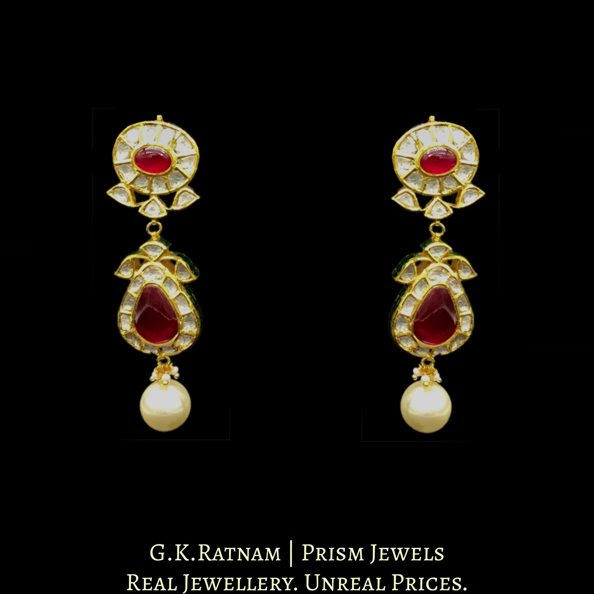18k Gold and Diamond Polki Navratna Necklace Set with pear-shaped tikdas - G. K. Ratnam