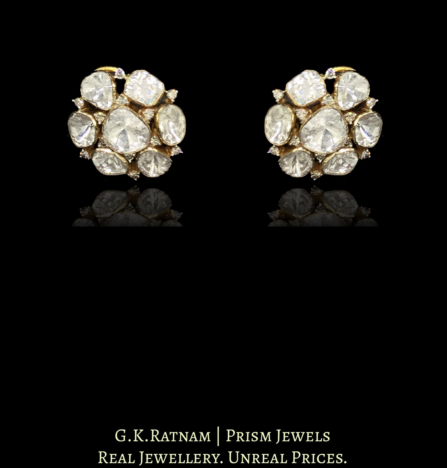 14k Gold and Diamond Polki Open Setting Tops / Studs Earring Pair with Cut Diamonds interspersed in Uncuts