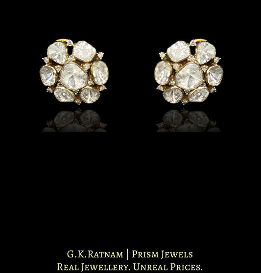 14k Gold and Diamond Polki Open Setting Tops / Studs Earring Pair with Cut Diamonds interspersed in Uncuts
