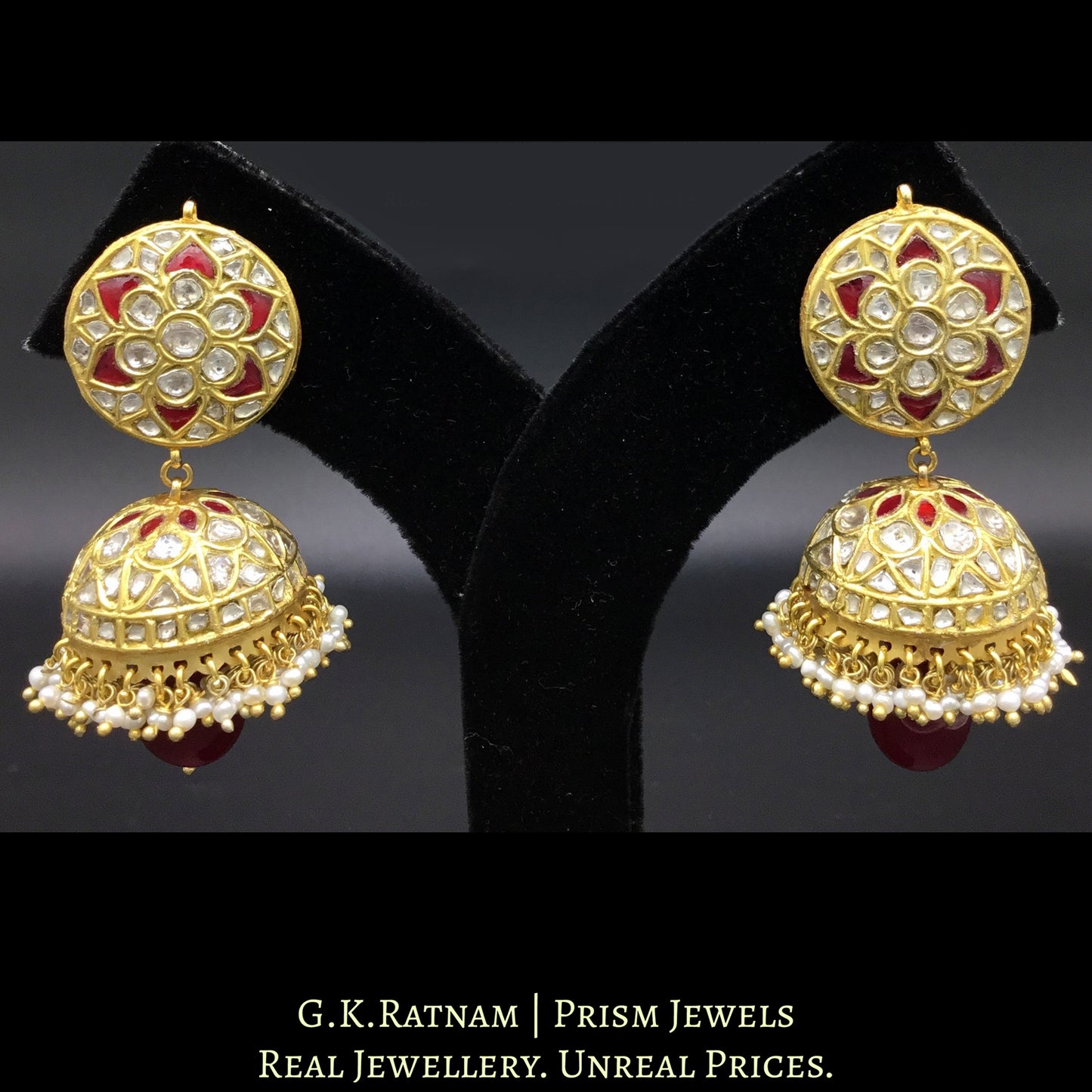 23k Gold and Diamond Polki red Jhumki Earring Pair with natural freshwater pearls - G. K. Ratnam