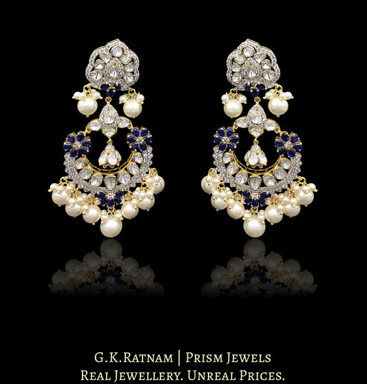 14k Gold and Diamond Polki Open Setting Chand Bali Earring Pair with hyderabadi pearls
