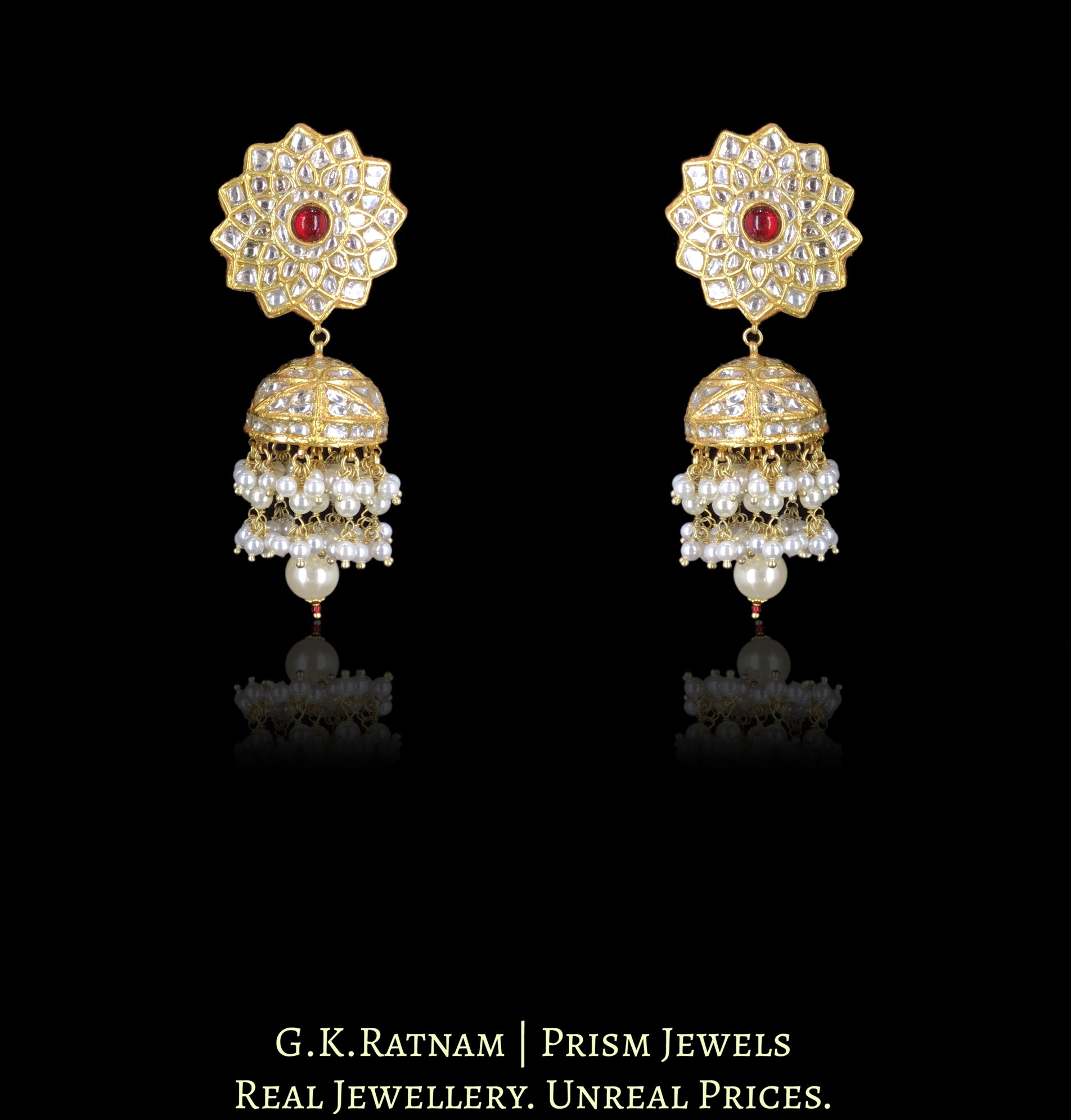 23k Gold and Diamond Polki Choker Necklace Set with ruby-center Starry Motifs