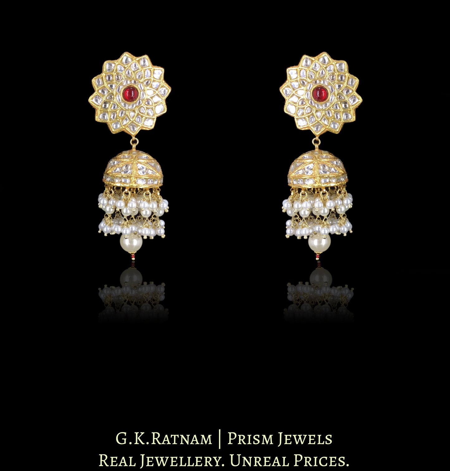 23k Gold and Diamond Polki Choker Necklace Set with ruby-center Starry Motifs