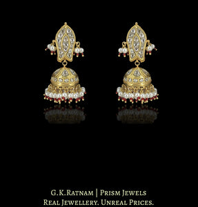 23k Gold and Diamond Polki Jhumki Earring Pair with Fish Motif Tops