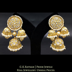 23k Gold and Diamond Polki pacchi Karanphool + 3 Jhumki Earring Pair with triple-coated shell pearls