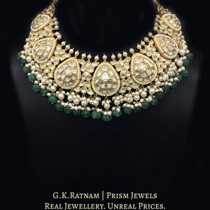 18k Gold and Diamond Polki Necklace Set With Pearls and emerald-green Carved Melons
