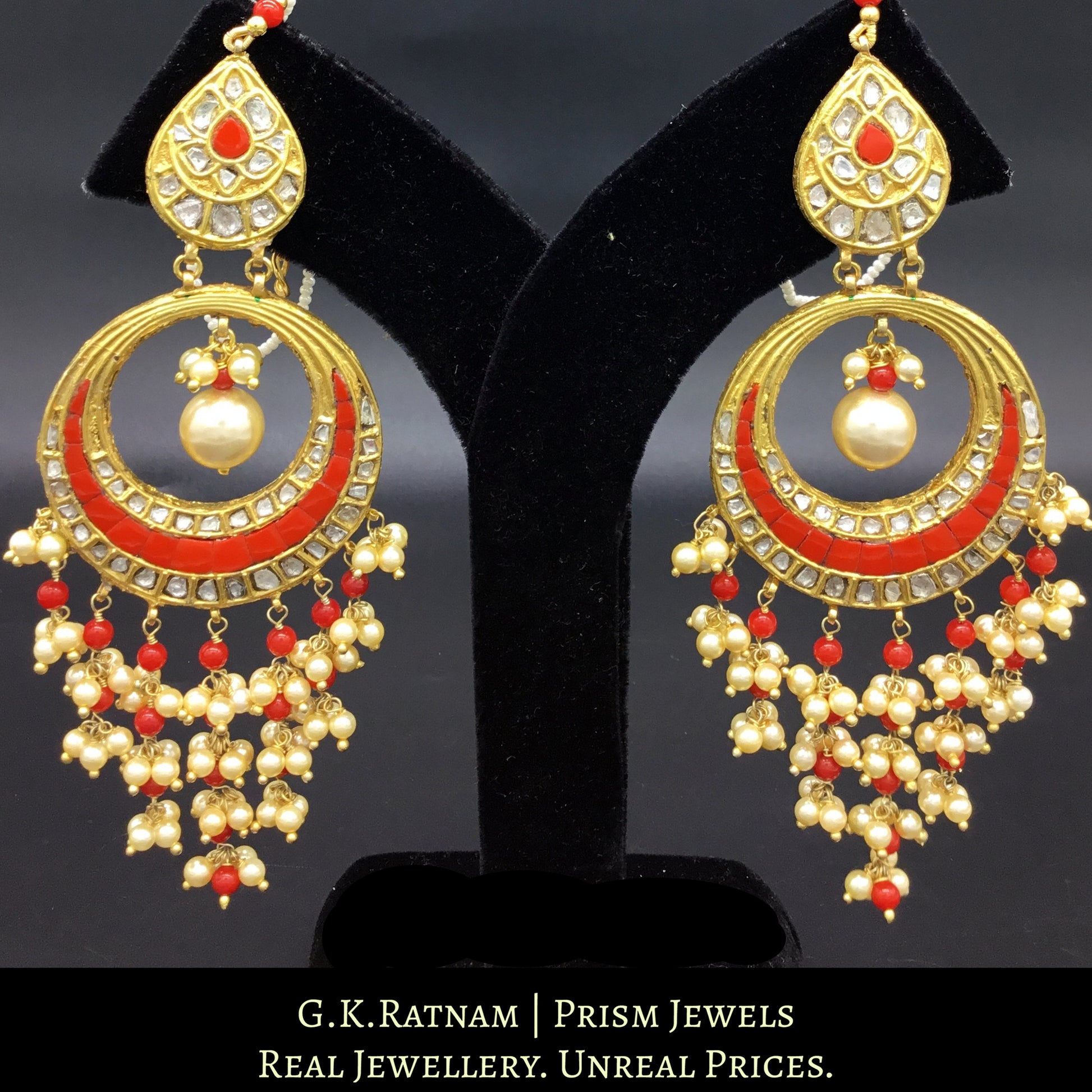 23k Gold and DIamond Polki Chand Bali Earring Pair with corals strung in chandelier style - G. K. Ratnam