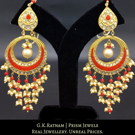 23k Gold and DIamond Polki Chand Bali Earring Pair with corals strung in chandelier style - G. K. Ratnam
