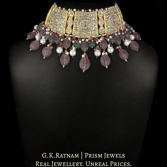 23k Gold and Diamond Polki Choker Necklace Set enhanced with hand-carved Strawberry Quartz Melons and Pearls - G. K. Ratnam