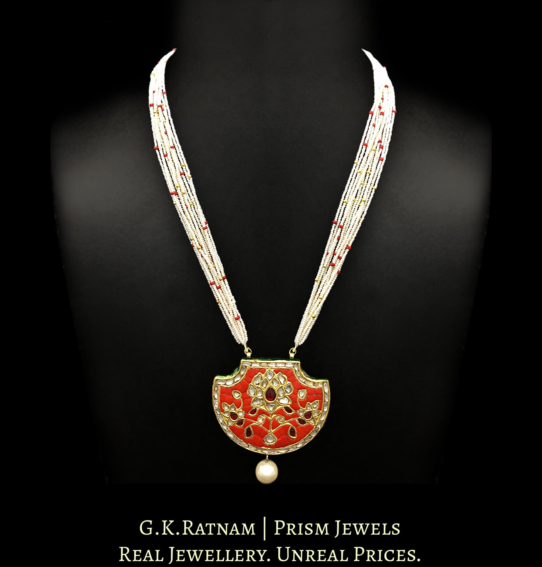 23k Gold and Diamond Polki Coral Pankhi (fan) Pendant Set strung with chid pearls - G. K. Ratnam
