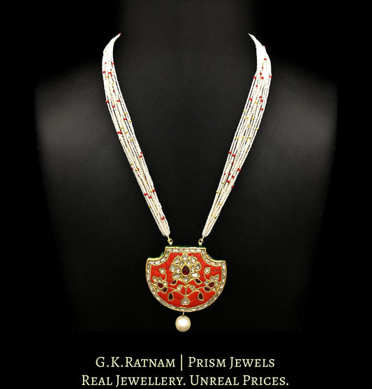 23k Gold and Diamond Polki Coral Pankhi (fan) Pendant Set strung with chid pearls - G. K. Ratnam