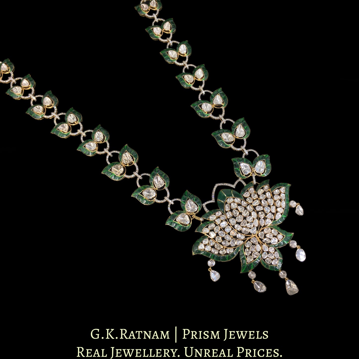 14k Gold and Diamond Polki Open Setting lotus-motif Pendant Necklace in Ranihaar / Patrihaar style - G. K. Ratnam