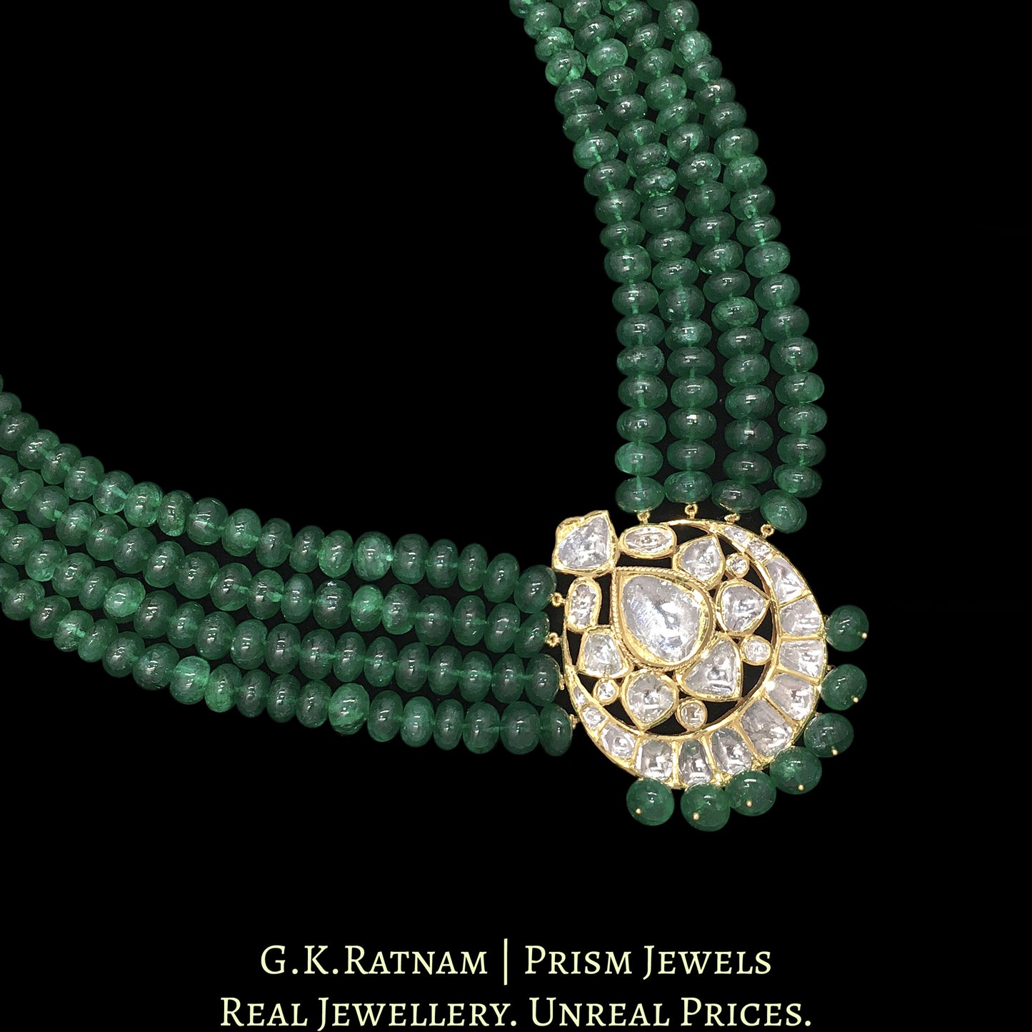18k Gold and Diamond Polki Vintage Pendant with emerald-grade Beryls - G. K. Ratnam