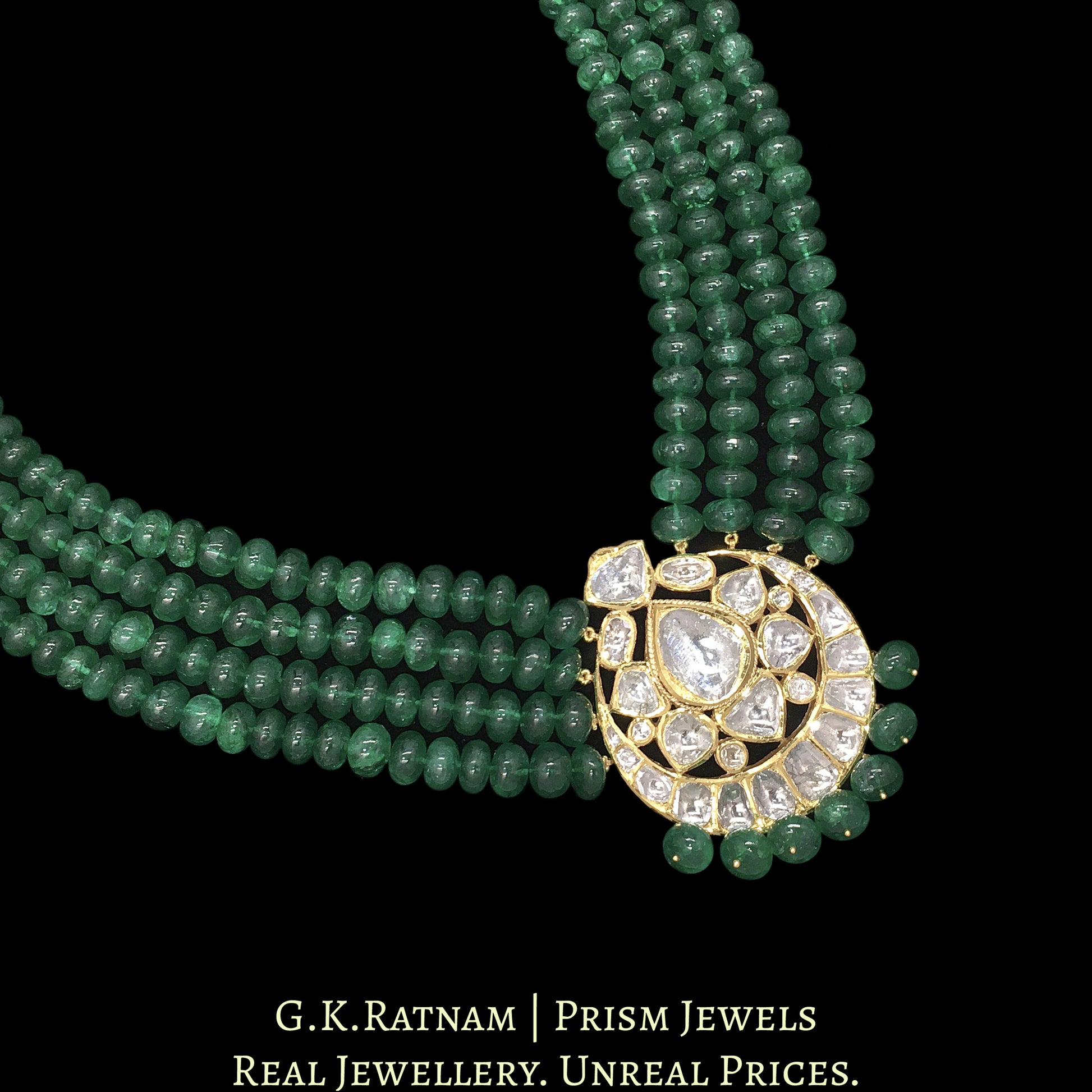 18k Gold and Diamond Polki Vintage Pendant with emerald-grade Beryls - G. K. Ratnam