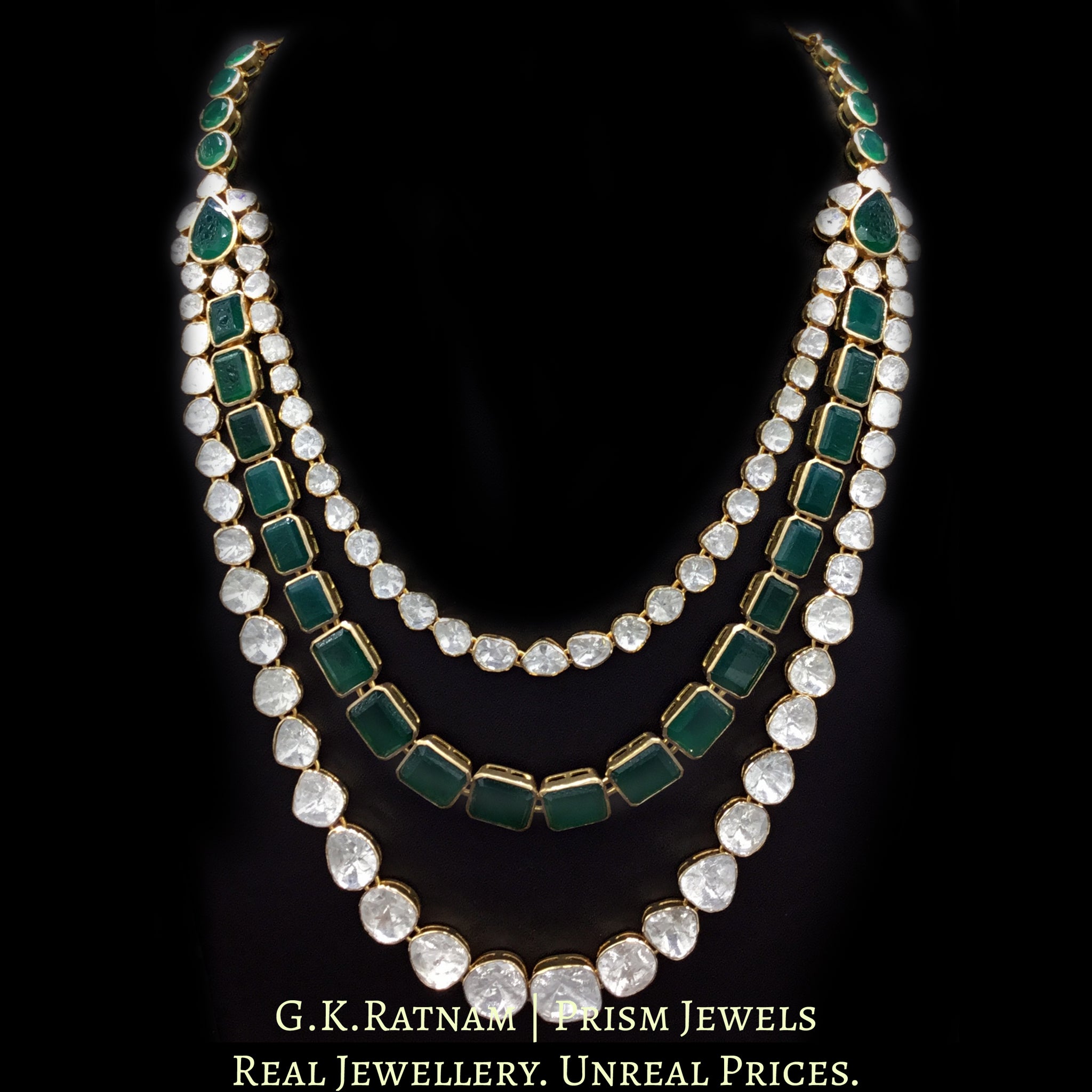 14k Gold and Diamond Polki Open Setting three-line Necklace Set with emerald-green stones