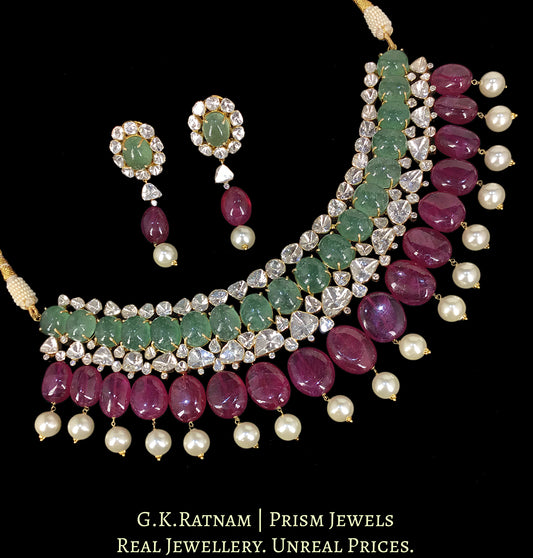 18k Gold and Diamond Polki Open Setting Necklace Set with Strawberry Quartz and Rubies