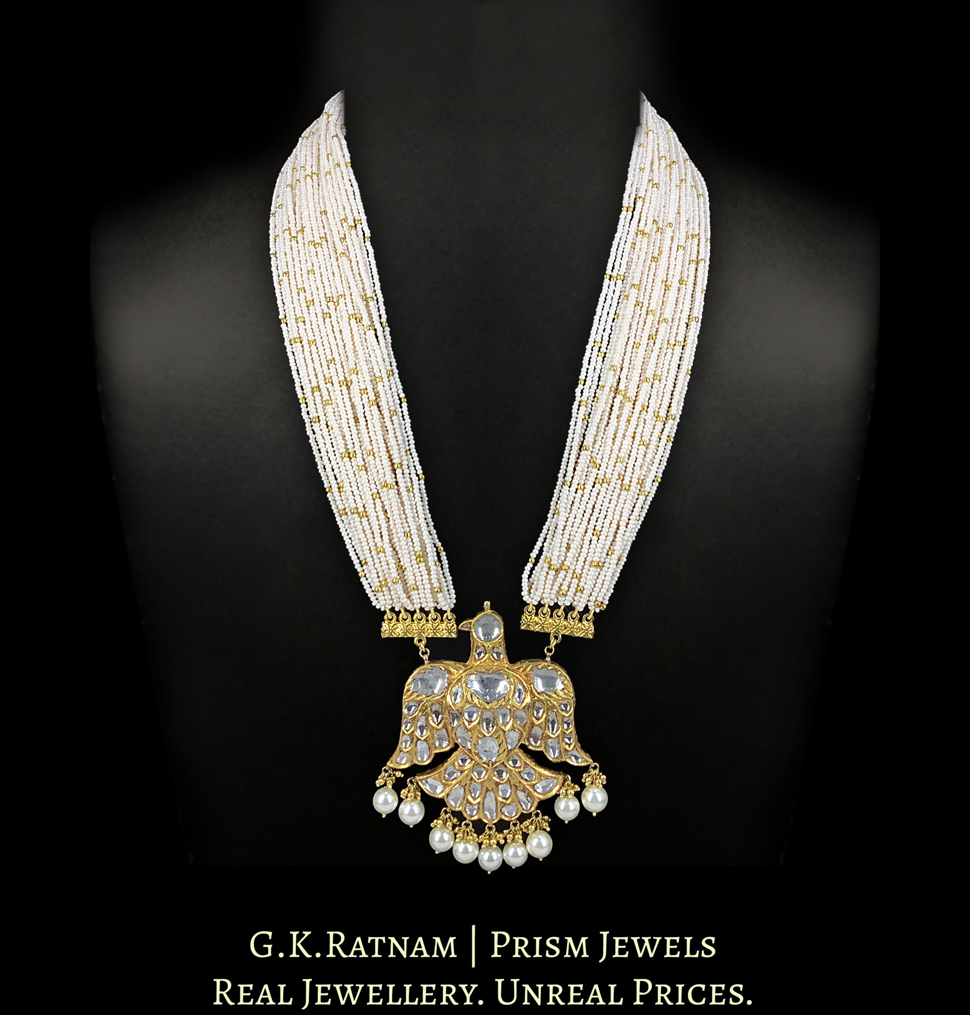 23k Gold and Diamond Polki Baaz Pendant with Chid Bunches