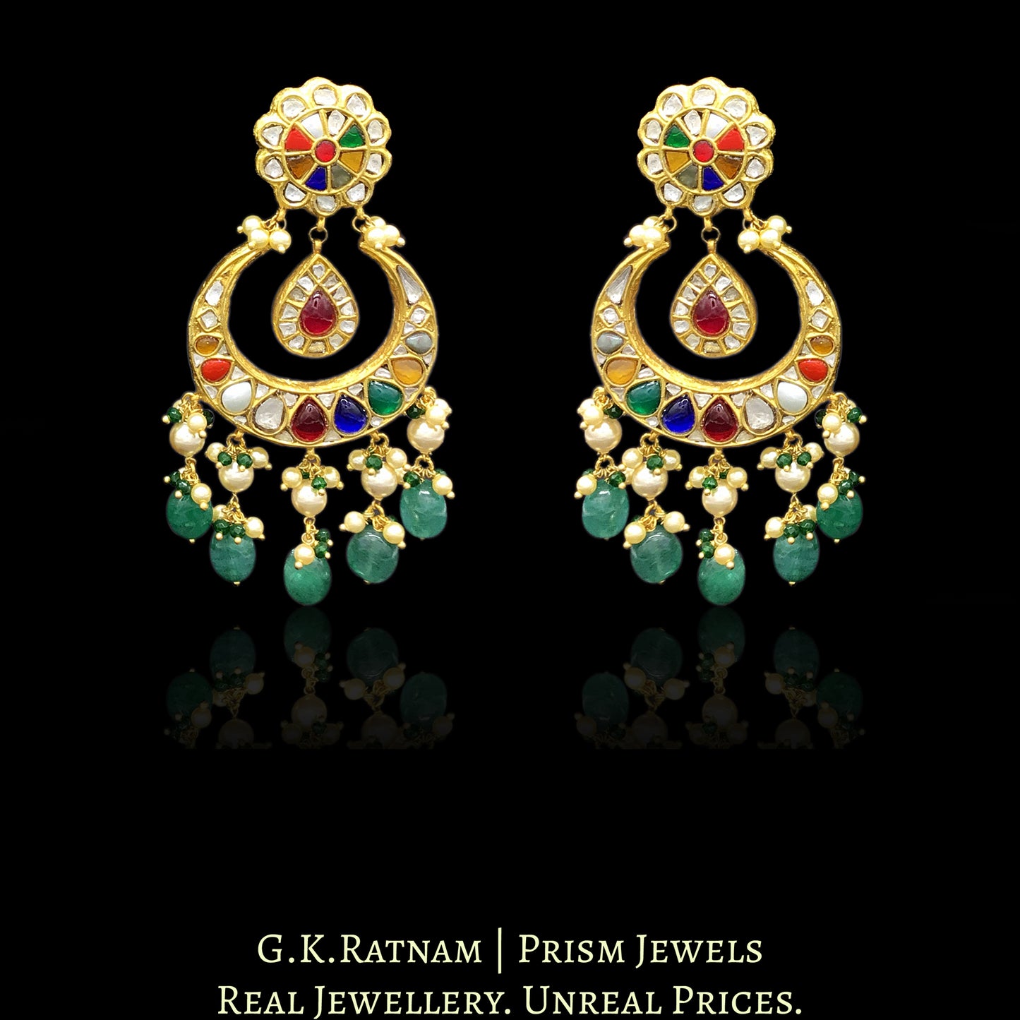 23k Gold and Diamond Polki Chand Bali Earring Pair with Navratna Stones - G. K. Ratnam
