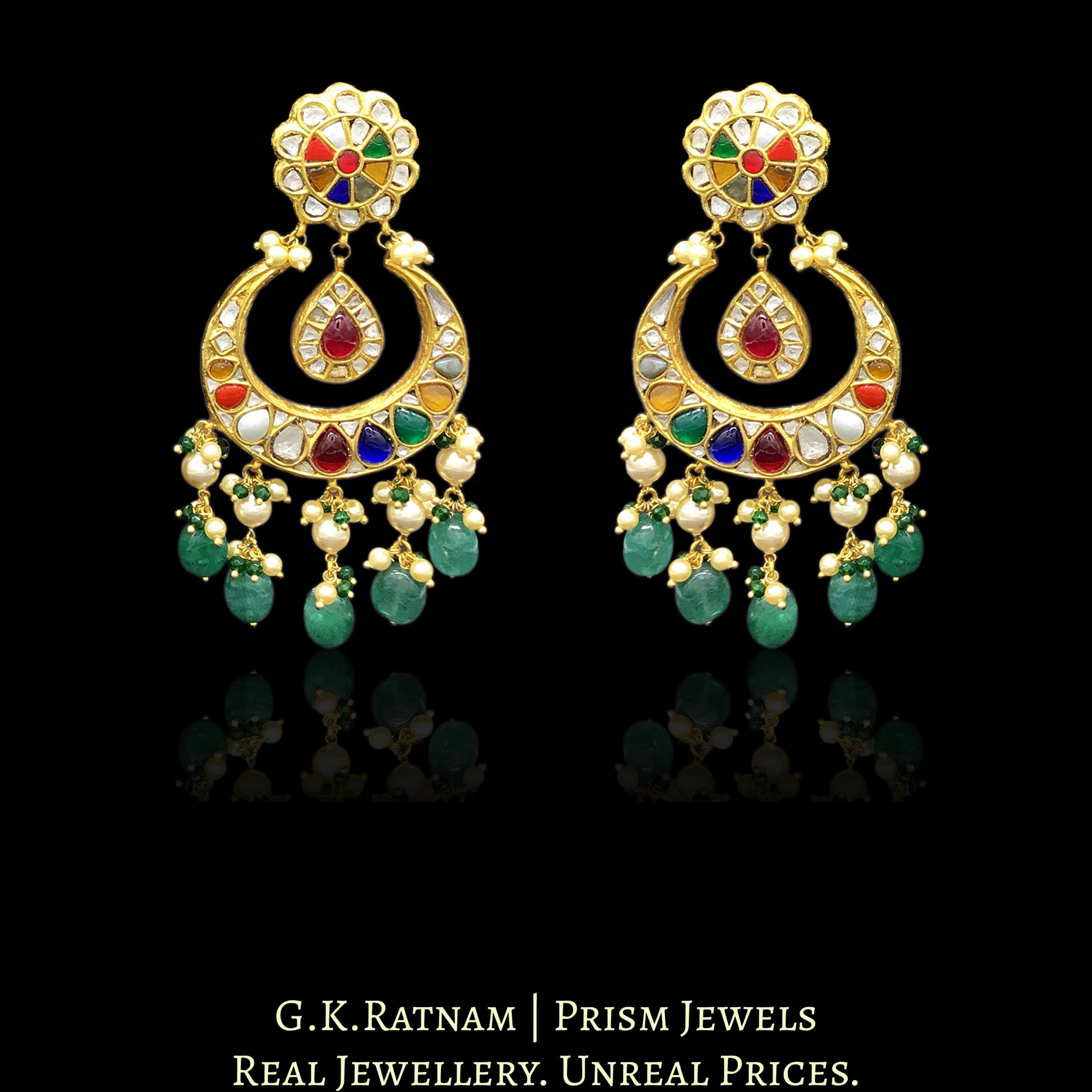 23k Gold and Diamond Polki Chand Bali Earring Pair with Navratna Stones - G. K. Ratnam
