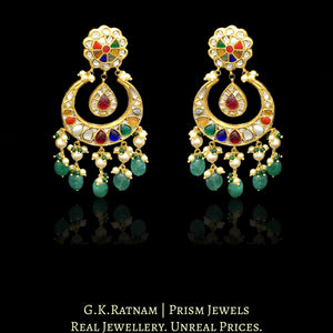 23k Gold and Diamond Polki Chand Bali Earring Pair with Navratna Stones - G. K. Ratnam
