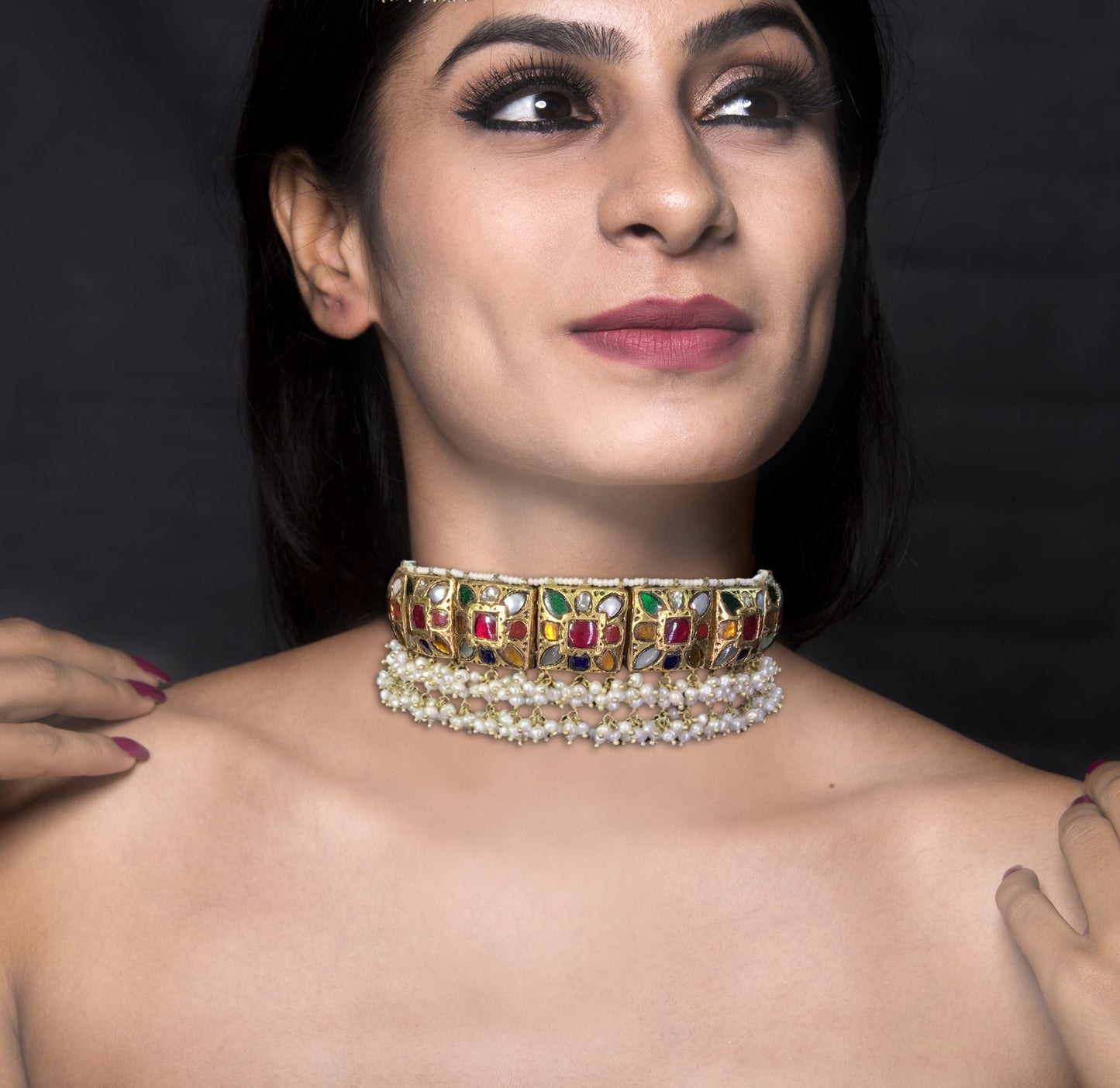 23k Gold and Diamond Polki double-sided Navratna Choker Necklace with Pearl Bunches