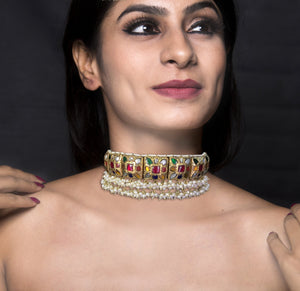 23k Gold and Diamond Polki double-sided Navratna Choker Necklace with Pearl Bunches