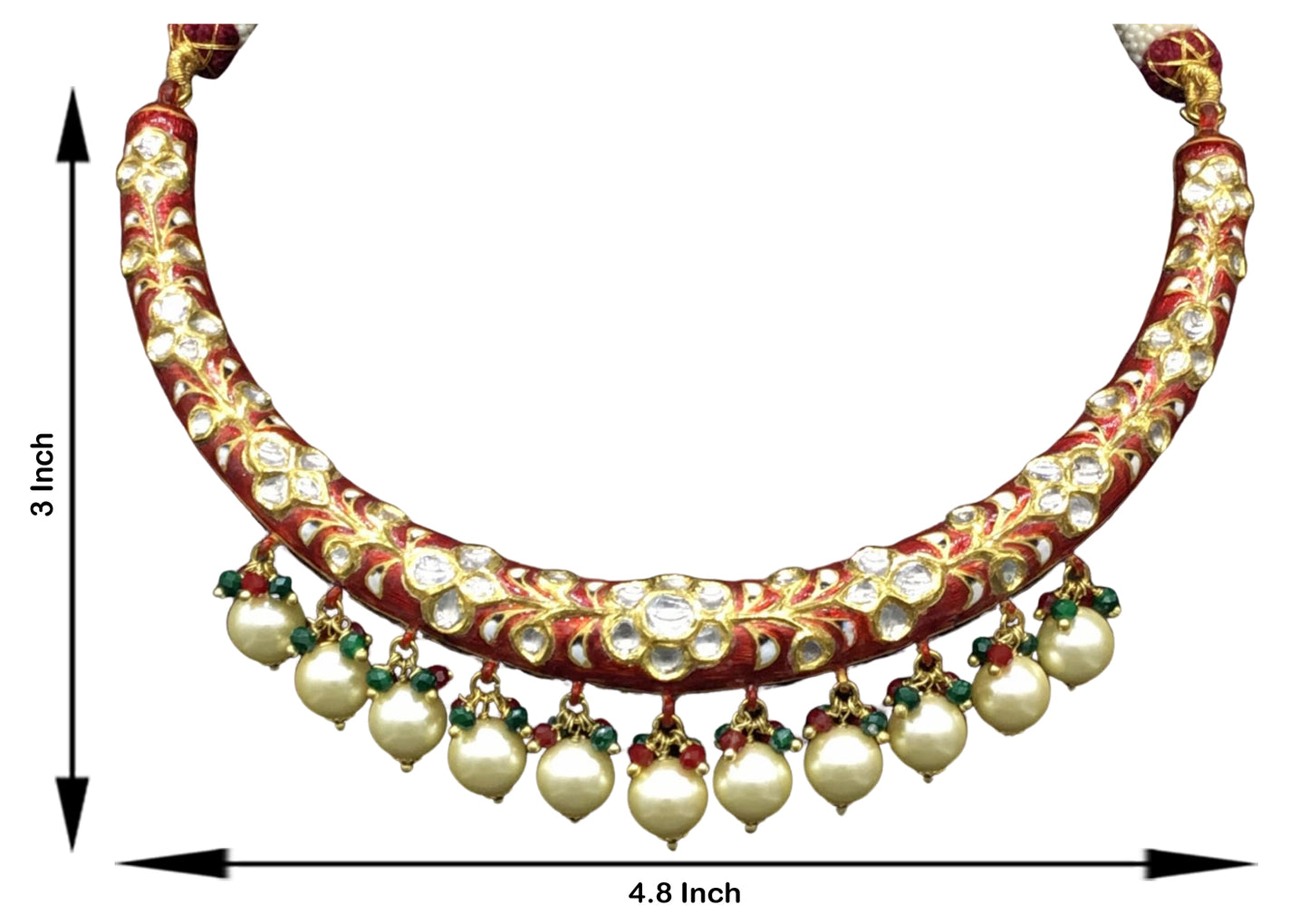 22k Gold and Diamond Polki Hustlie Necklace Set with bright red enamelling
