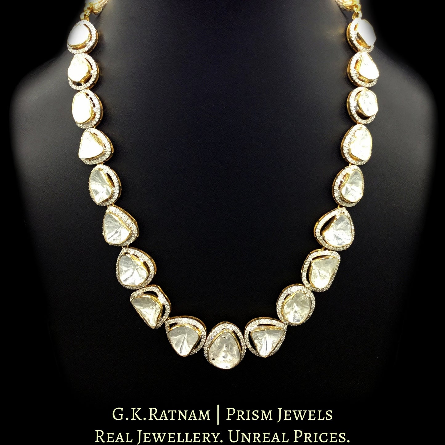 18k Gold and Diamond Polki Open Setting Single Line Necklace Set with far sized uncut diamonds - G. K. Ratnam