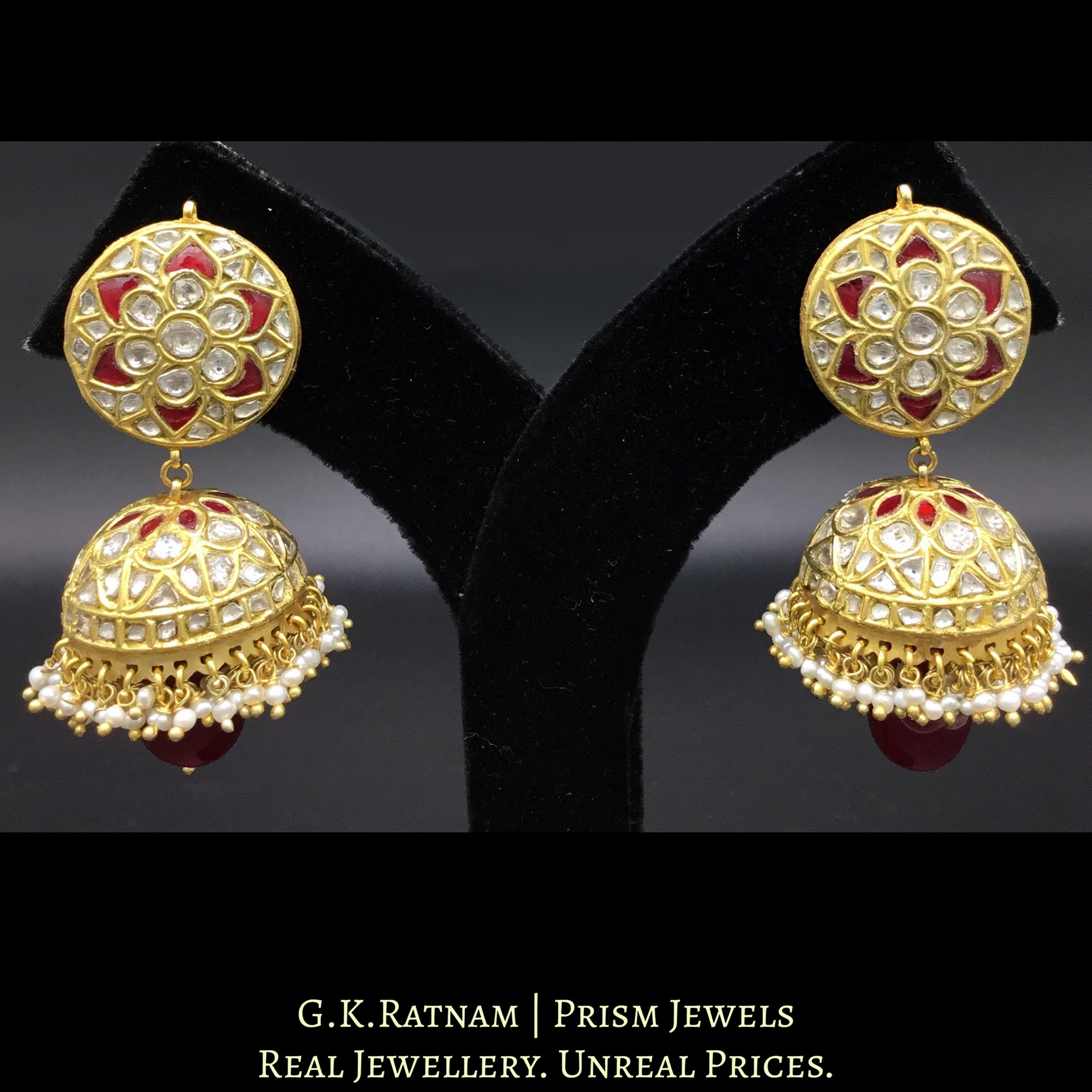 23k Gold and Diamond Polki red Jhumki Earring Pair with natural freshwater pearls