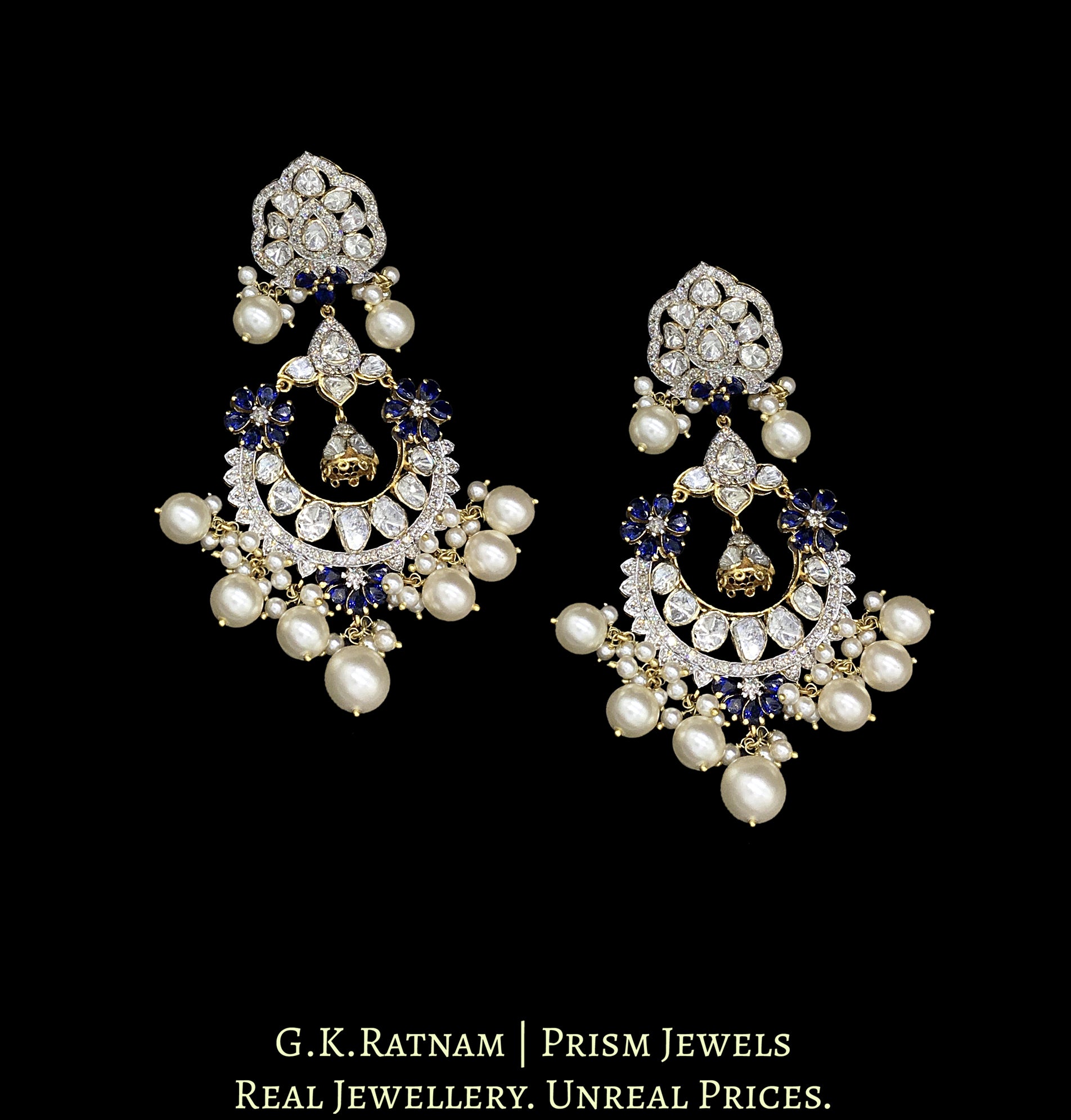 14k Gold and Diamond Polki Open Setting Chand Bali Earring Pair with hyderabadi pearls