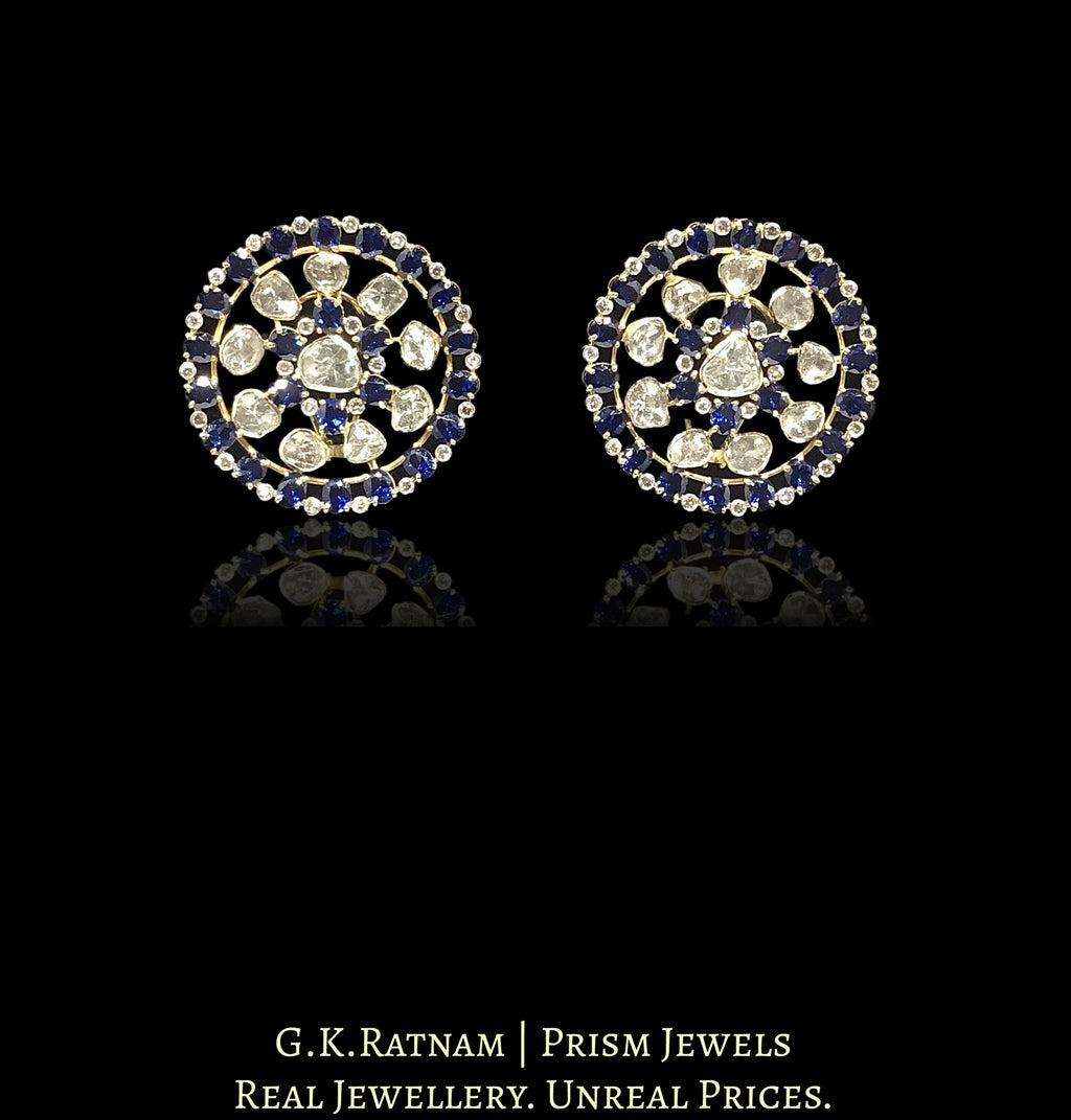 14k Gold and Diamond Polki Open Setting Karanphool Earring Pair with Blue Sapphires