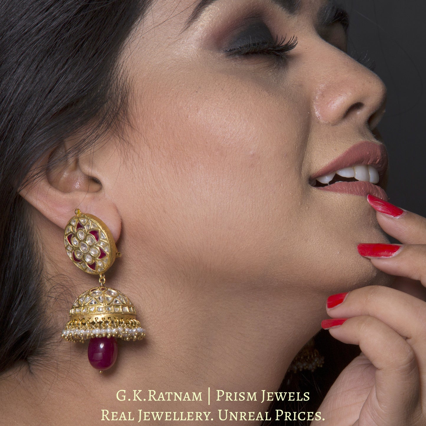 23k Gold and Diamond Polki red Jhumki Earring Pair with natural freshwater pearls - G. K. Ratnam