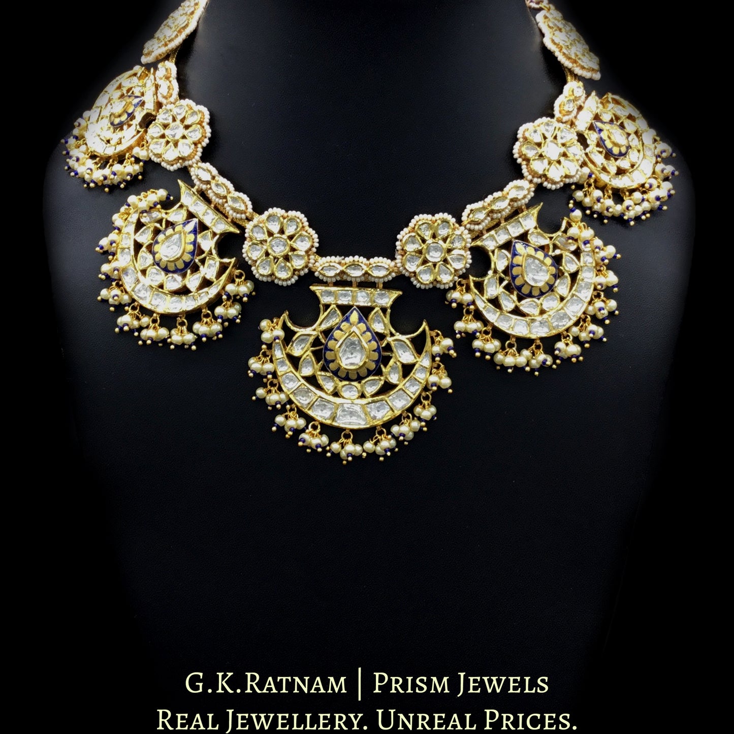 18k Gold and Diamond Polki Pankhi (fan) Necklace Set with Blue Enamelling - G. K. Ratnam