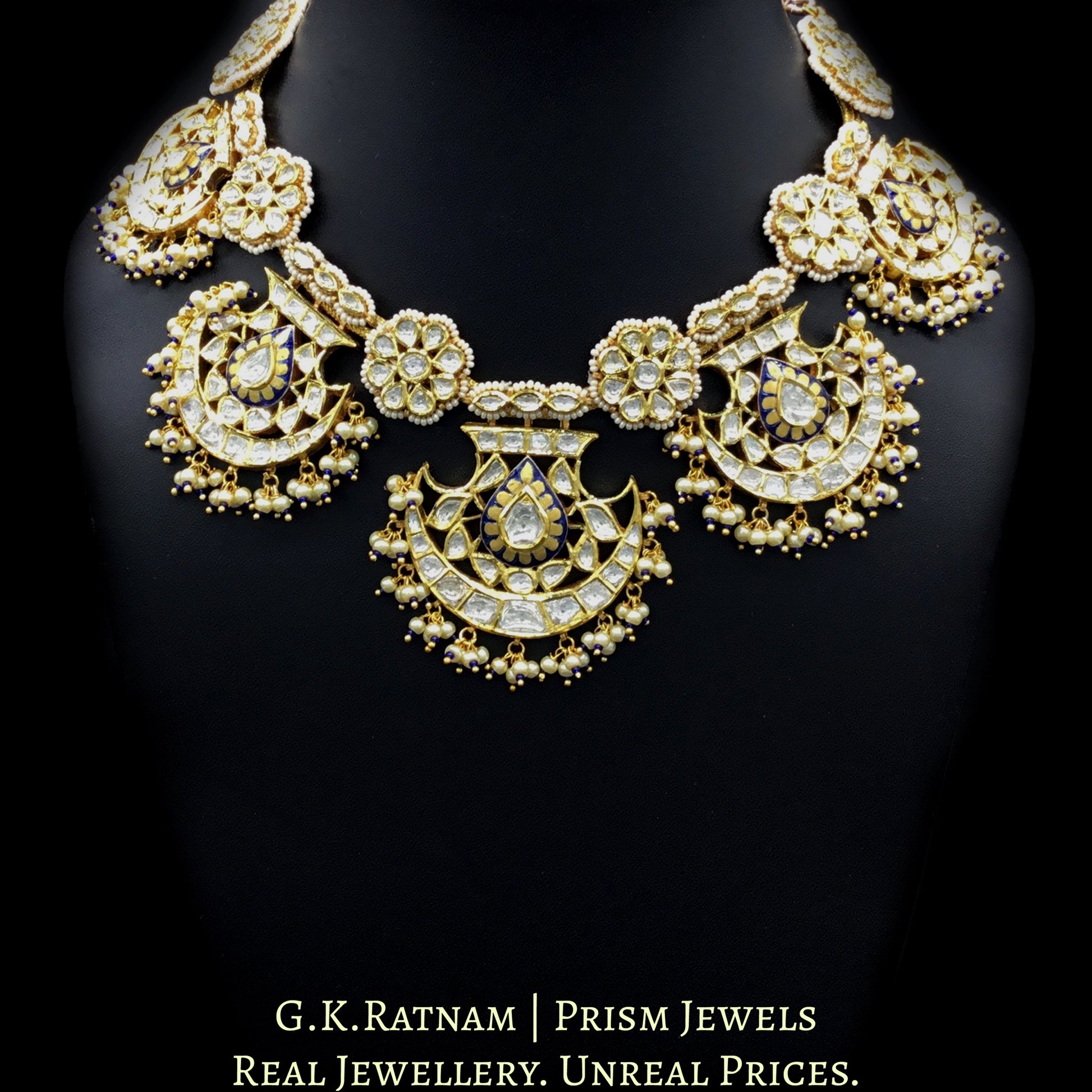 18k Gold and Diamond Polki Pankhi (fan) Necklace Set with Blue Enamelling - G. K. Ratnam