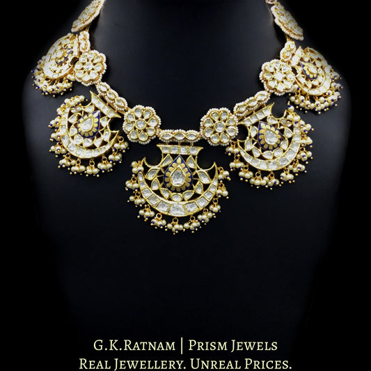 18k Gold and Diamond Polki Pankhi (fan) Necklace Set with Blue Enamelling - G. K. Ratnam