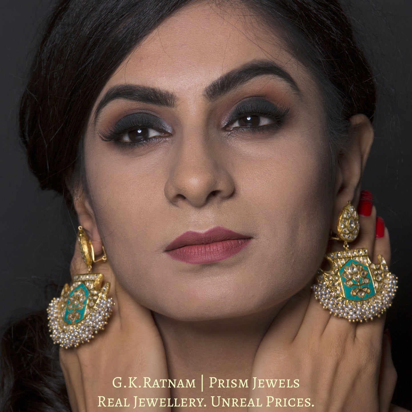 23k Gold and Diamond Polki Long Earring Pair with Turquoise stones and antiqued hyderabadi pearls - G. K. Ratnam