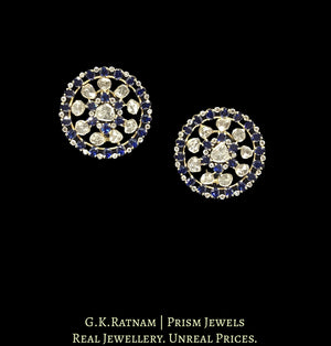 14k Gold and Diamond Polki Open Setting Karanphool Earring Pair with Blue Sapphires