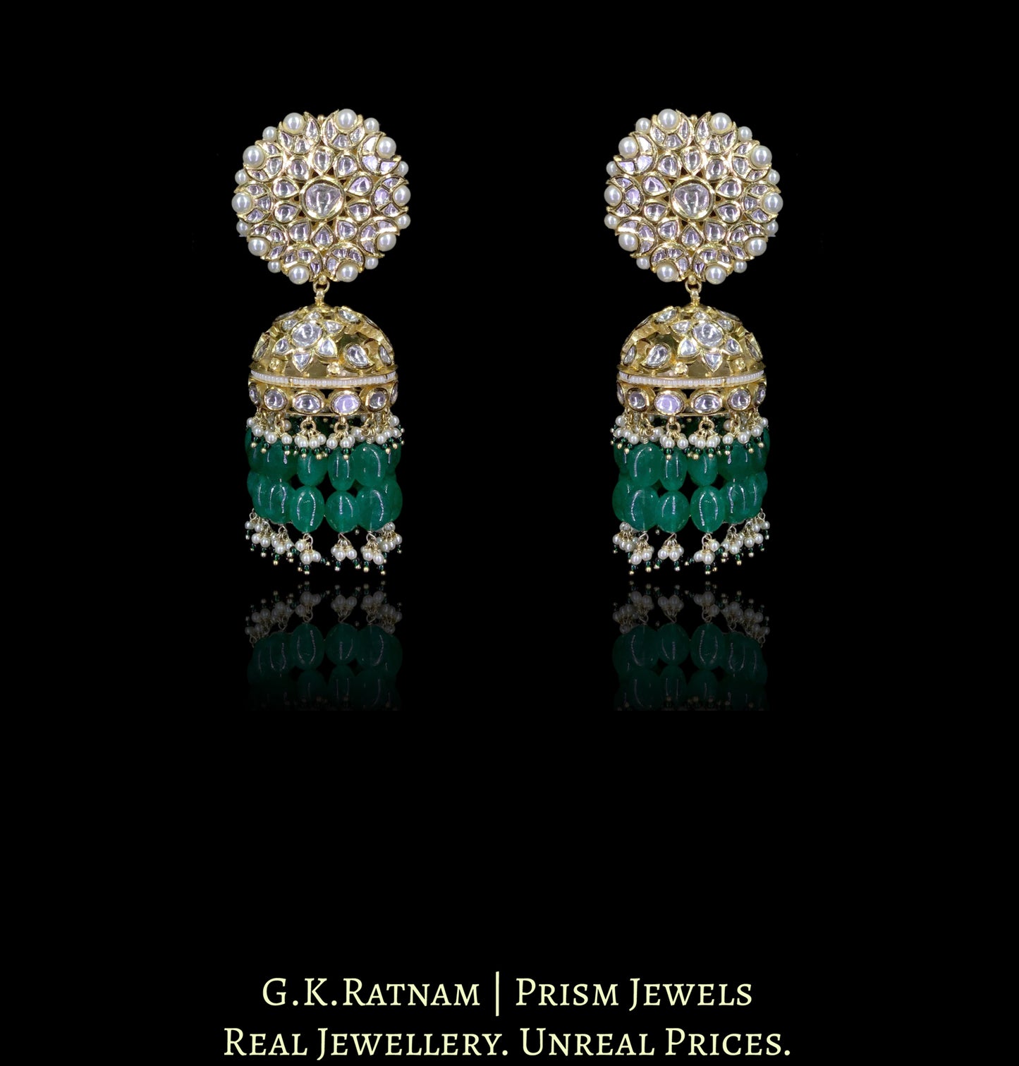 18k Gold and Diamond Polki Karanphool Jhumki Earring Pair with emerald-grade green beryls