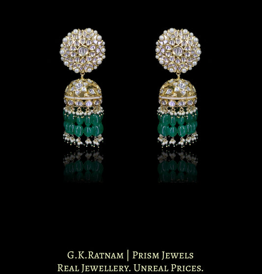 18k Gold and Diamond Polki Karanphool Jhumki Earring Pair with emerald-grade green beryls