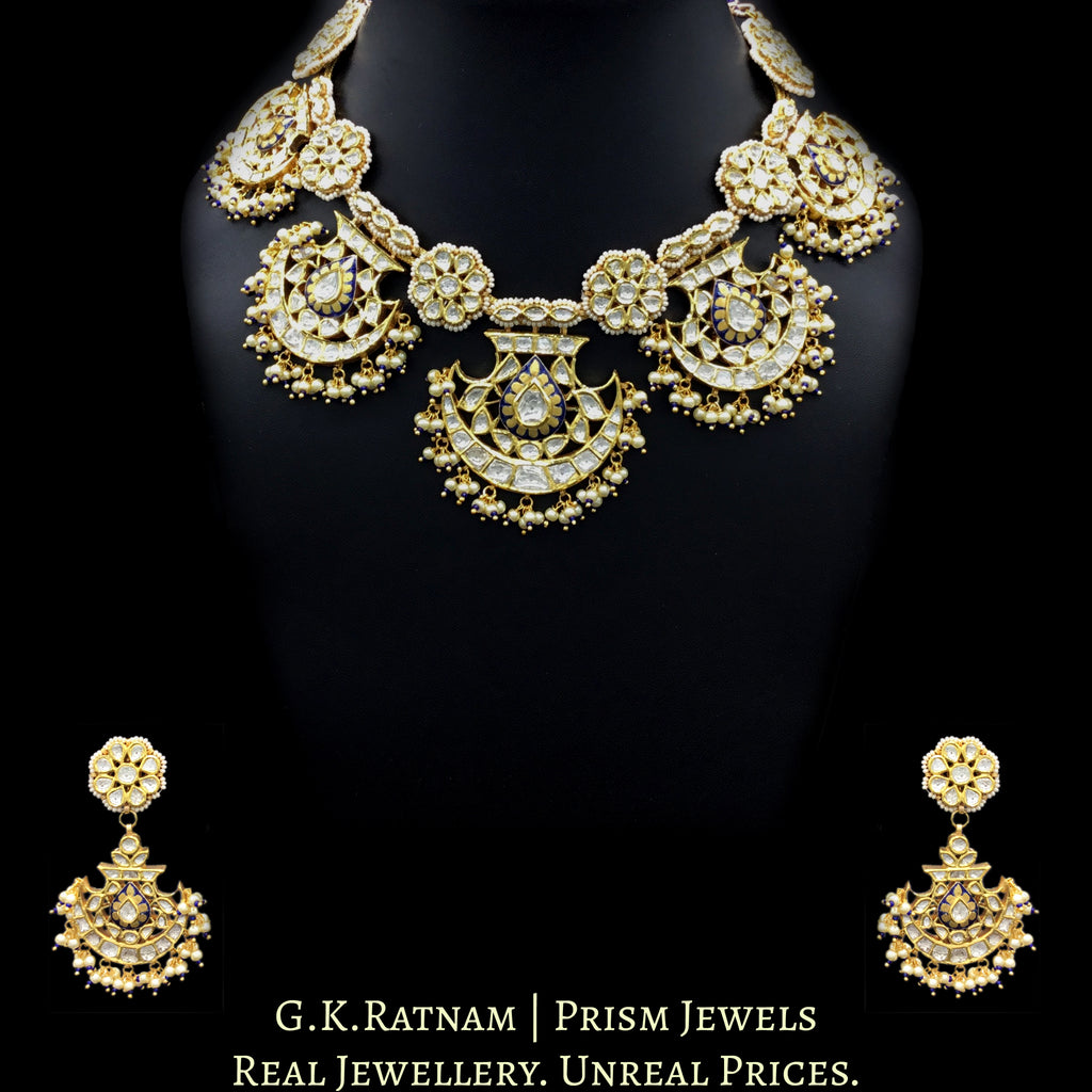 18k Gold and Diamond Polki Pankhi (fan) Necklace Set with Blue Enamelling - G. K. Ratnam