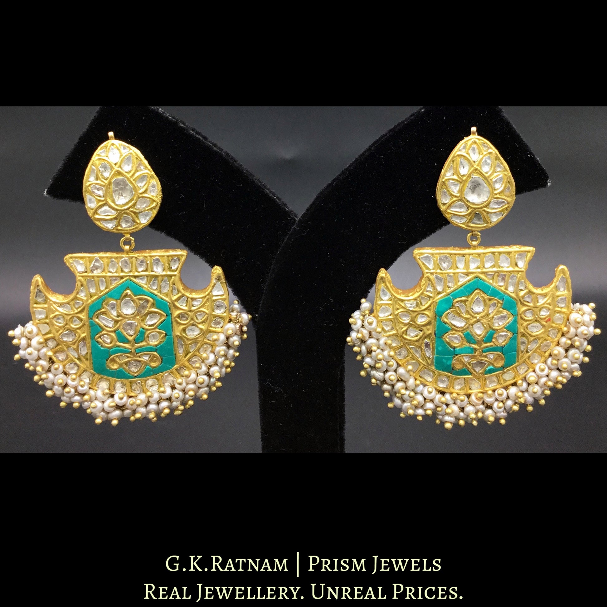 23k Gold and Diamond Polki Long Earring Pair with Turquoise stones and antiqued hyderabadi pearls - G. K. Ratnam