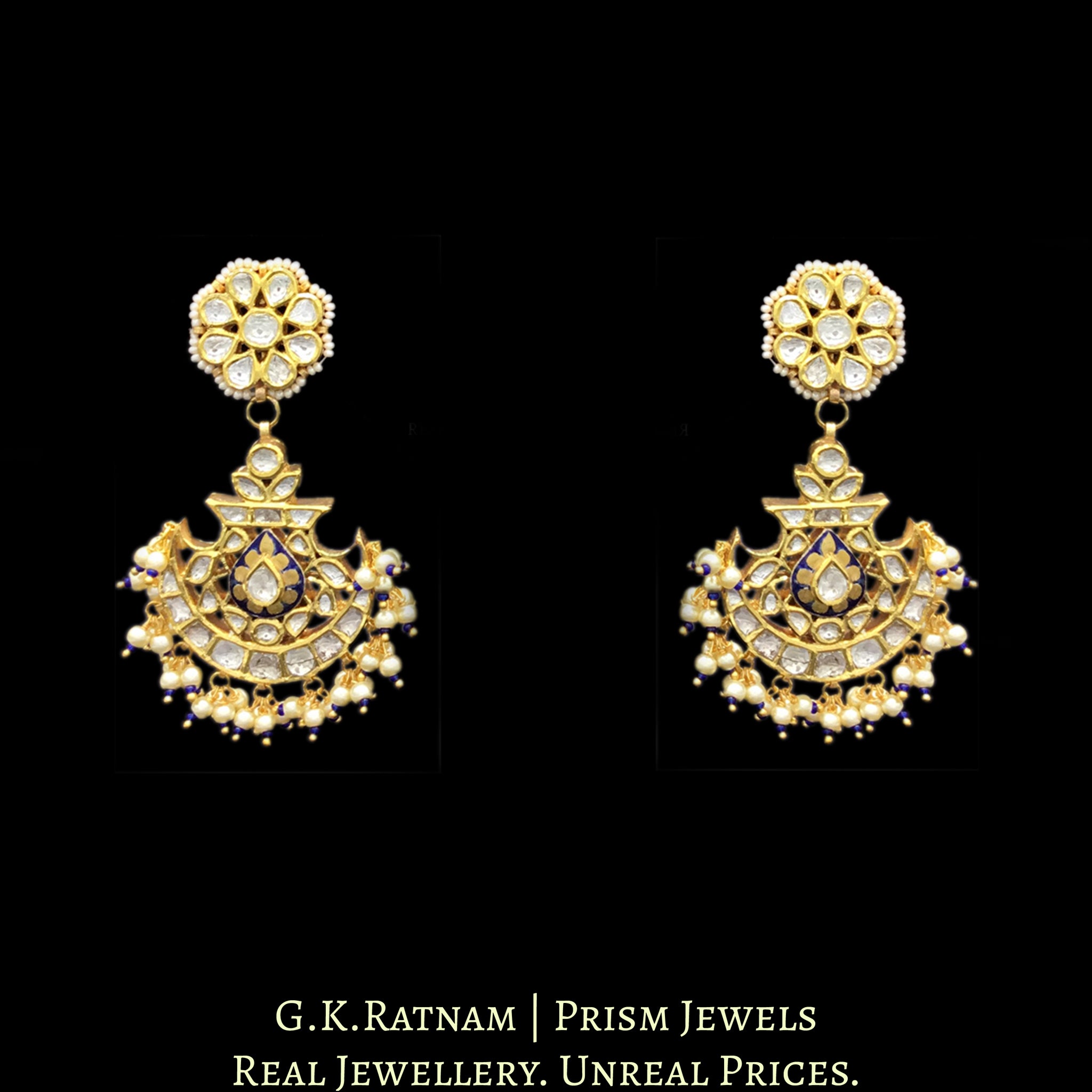 18k Gold and Diamond Polki Pankhi (fan) Necklace Set with Blue Enamelling - G. K. Ratnam