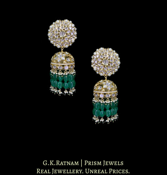 18k Gold and Diamond Polki Karanphool Jhumki Earring Pair with emerald-grade green beryls