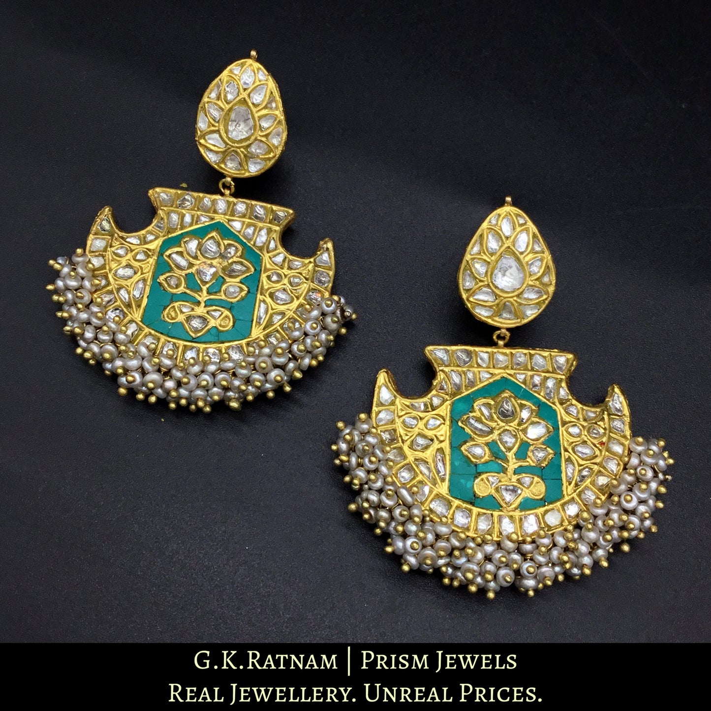 23k Gold and Diamond Polki Long Earring Pair with Turquoise stones and antiqued hyderabadi pearls - G. K. Ratnam