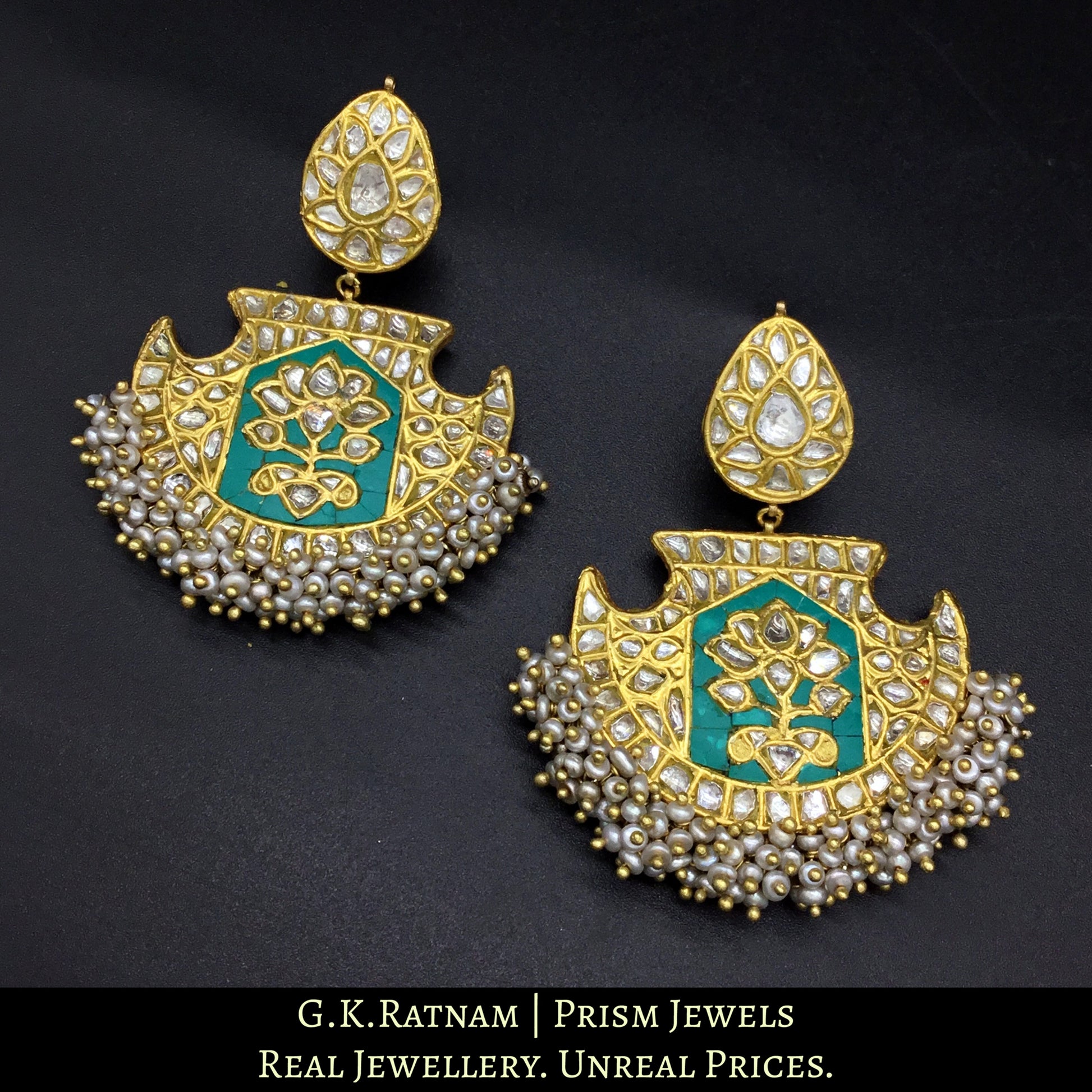 23k Gold and Diamond Polki Long Earring Pair with Turquoise stones and antiqued hyderabadi pearls - G. K. Ratnam