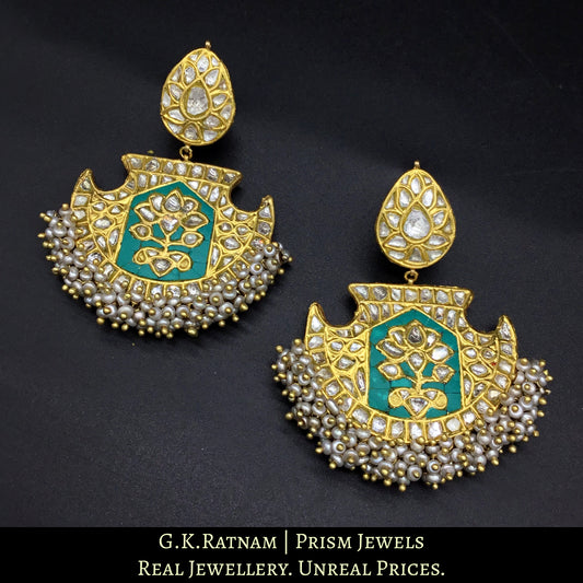 23k Gold and Diamond Polki Long Earring Pair with Turquoise stones and antiqued hyderabadi pearls - G. K. Ratnam